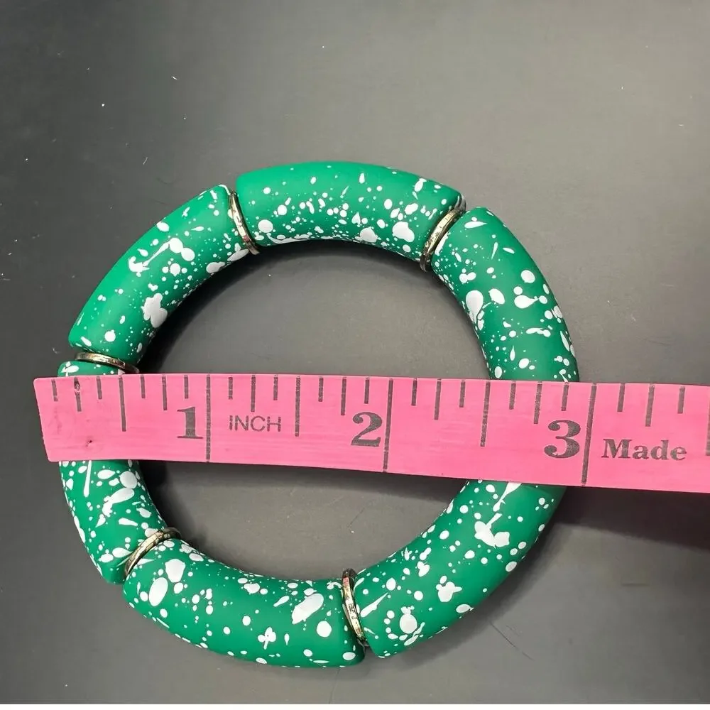 Green Tube Stretch Bracelet Set of 2 Bracelets Splatter Modern White Lot Casual